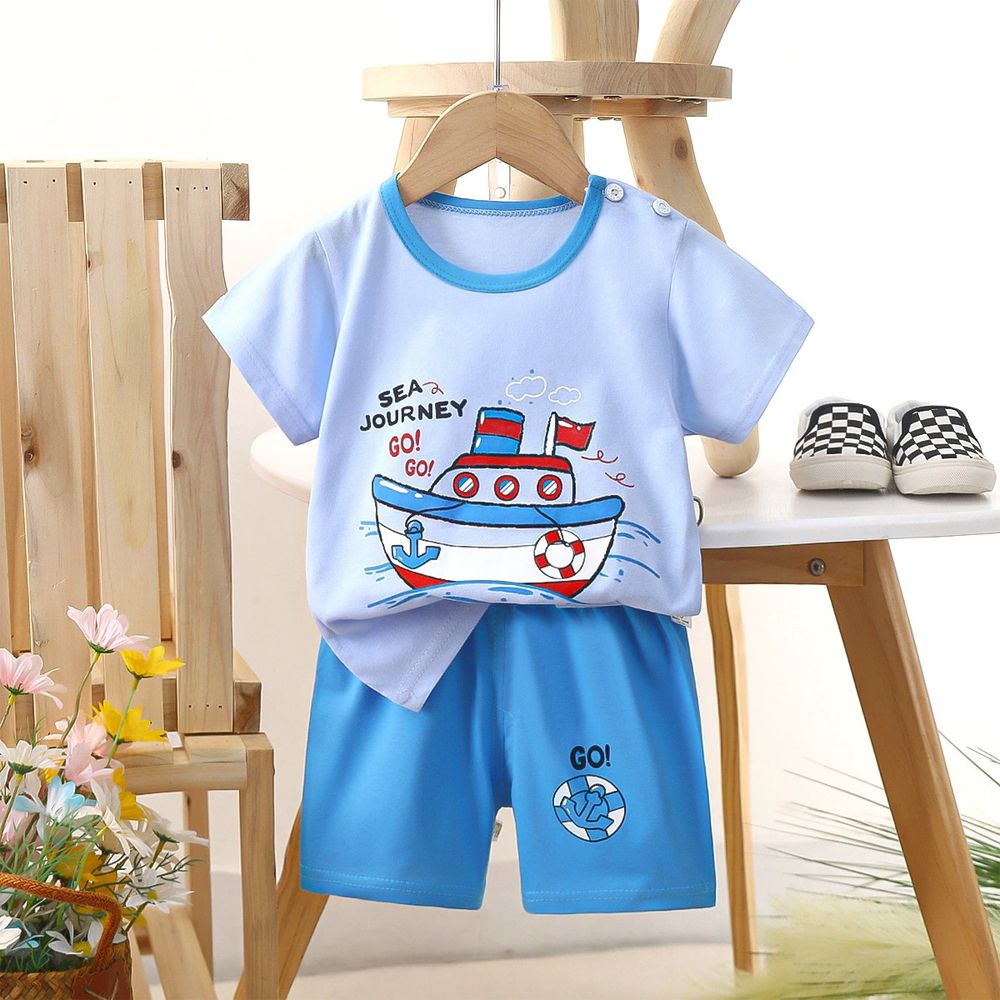 純棉透氣短袖短褲家居服套裝-海上船