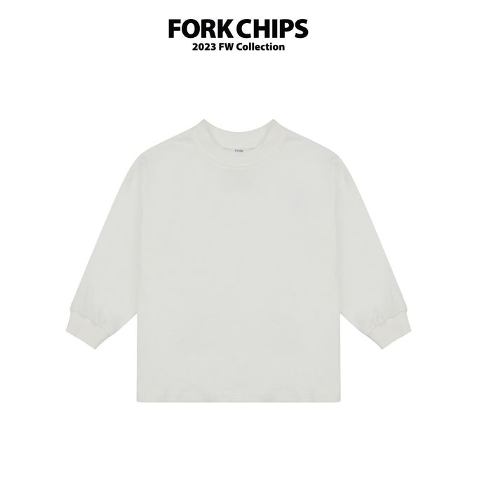 韓國 FORK CHIPS - 品牌刺繡點綴圓領長袖上衣-象牙白