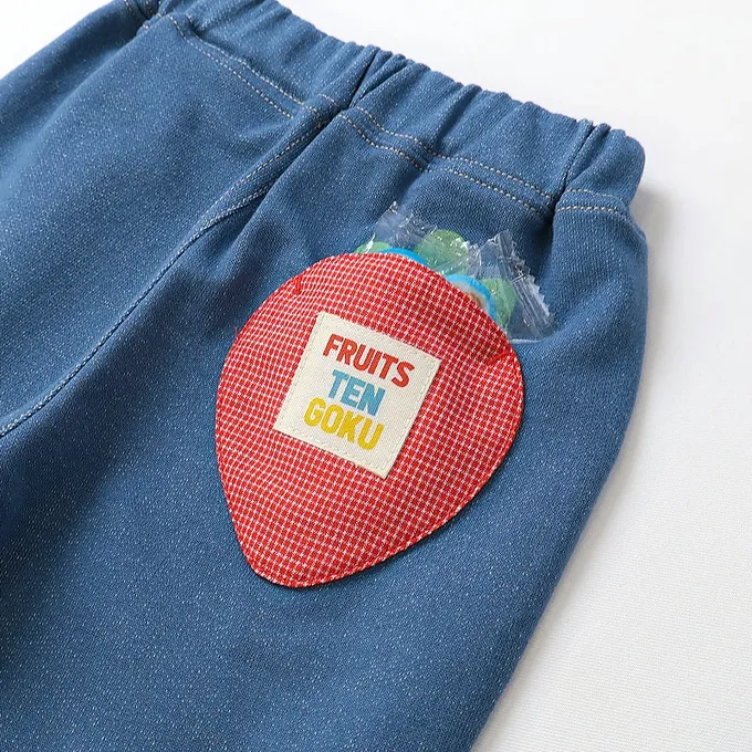 日本 ZOOLAND - 水果樂園 滿版印花摺邊七分褲-蘋果-海軍藍