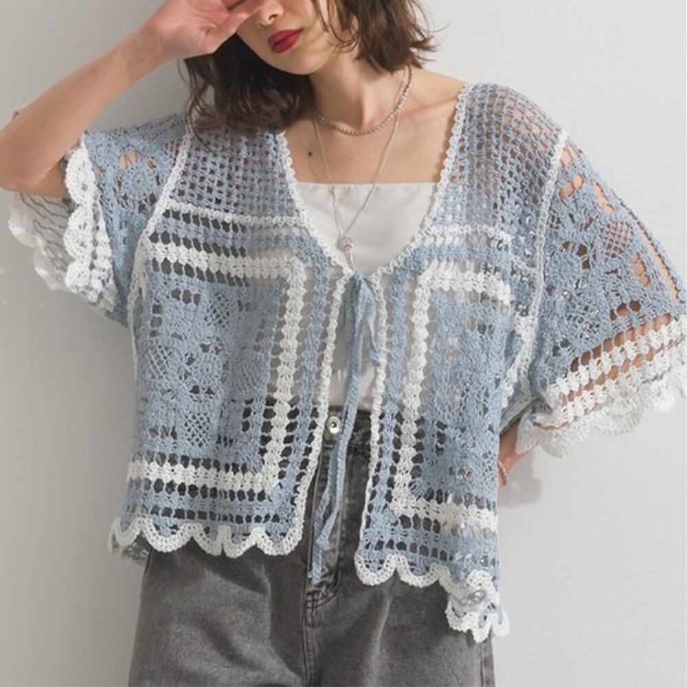 纖細扇形鉤針編織綁帶開襟衫-水藍x白