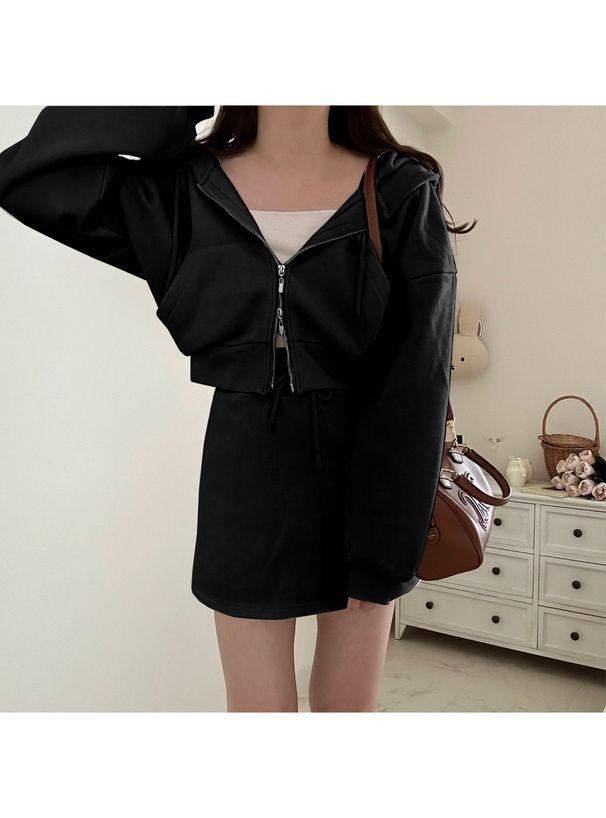 日本 GRL - 休閒風連帽外套短褲兩件式套裝-淺米杏 (F)