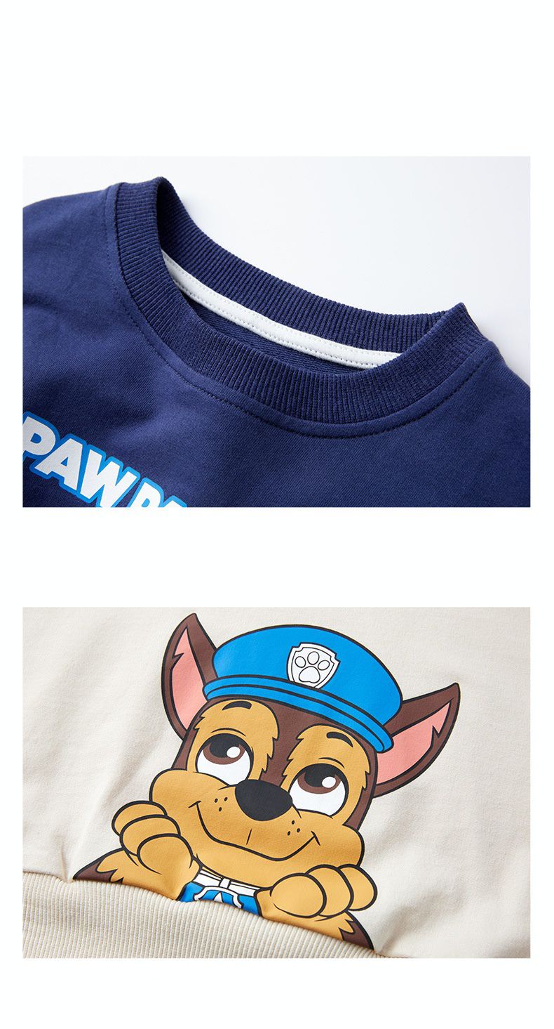 卡通汪汪隊純棉圓領拼接長袖上衣-卡通人物阿奇-紅+綠+杏