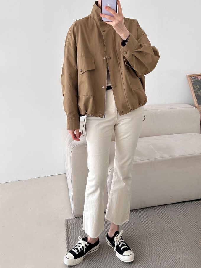 韓國女裝連線 - 秋季必備！短版風衣外套-深卡其 (FREE)