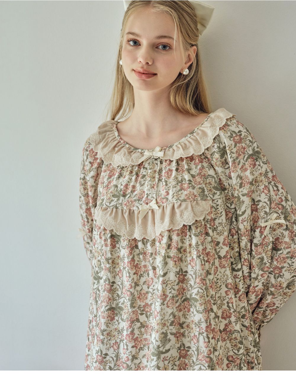 韓國 ULLALA - 絕美公主純棉長袖睡衣-(洋裝式)-奶油色 (FREE)