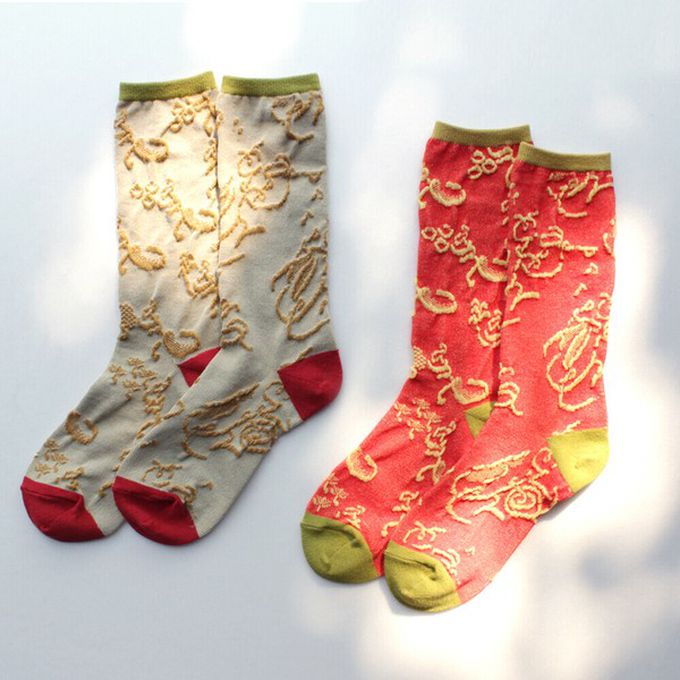 日本女裝代購 - 日本製 伊索寓言印花長襪-螞蟻與蟋蟀-橘紅 (23-25cm)