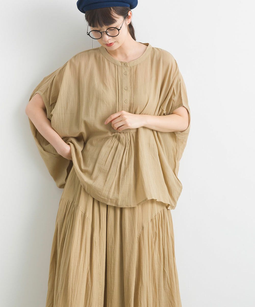 日本女裝代購 - 100%印度棉 空氣感落肩短袖上衣-淺卡其