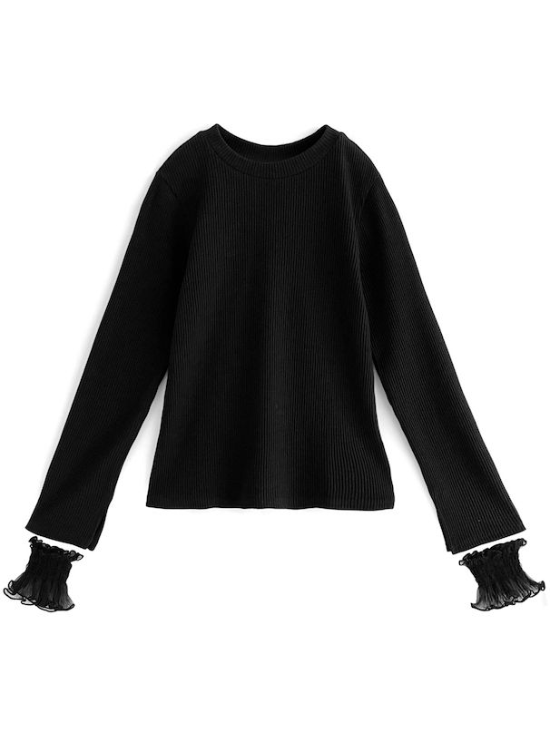 日本 GRL - 假兩件蕾絲內裡羅紋長袖上衣-天使白