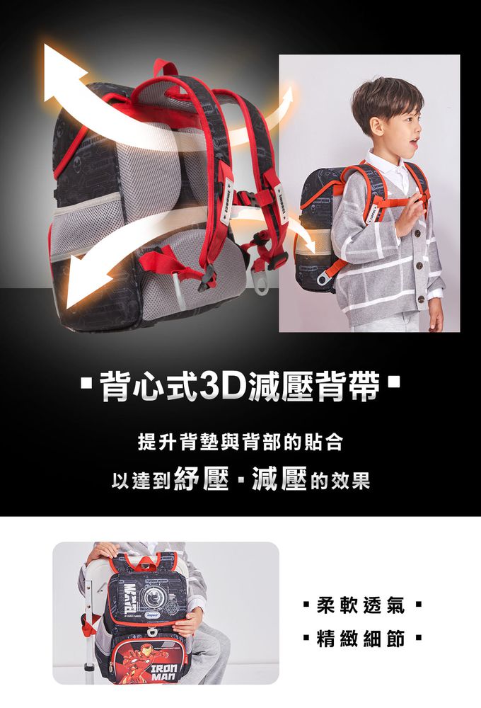 impact 怡寶 - 鋼鐵人懸浮磁扣標準型護脊書包(IMMV70801BK)|身高120~140cm適用|精選好禮兩件組