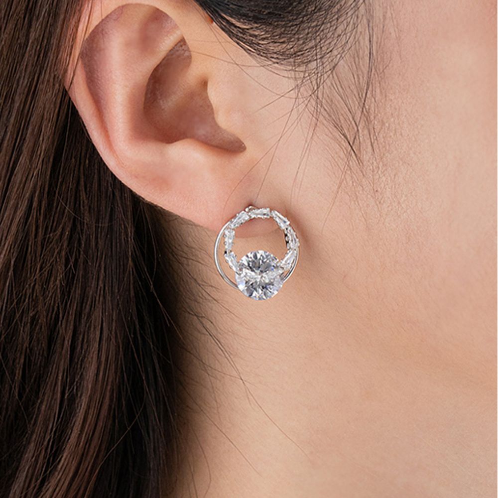 韓國製 - 耳環-水晶圈-圓形/銀
