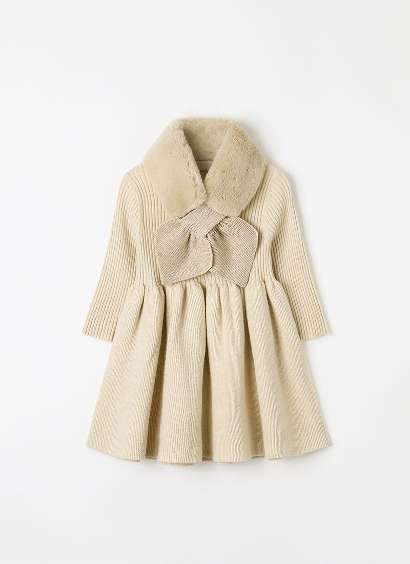 韓國 OZKIZ - (附圍巾)針織連身拼接洋裝-淺卡其