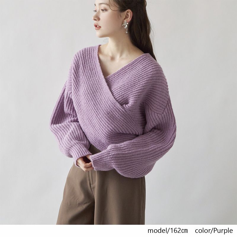 日本 Rejoule - 交叉V領坑羅紋針織毛衣-杏 (M(Free size))