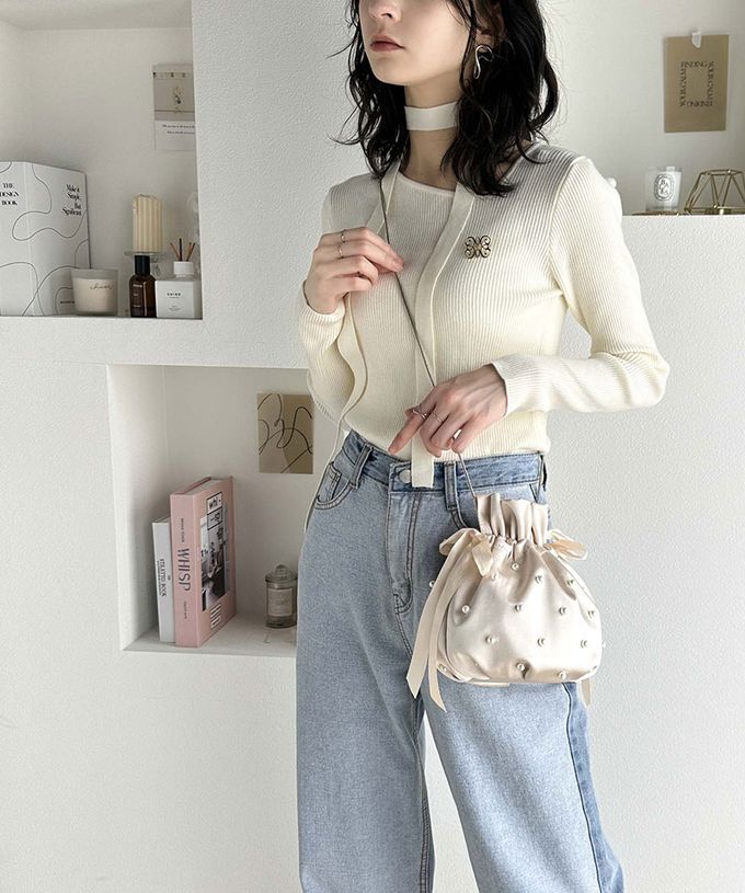 日本 Classical Elf - mily bilet 華麗緞面珍珠束口側背小包-象牙白