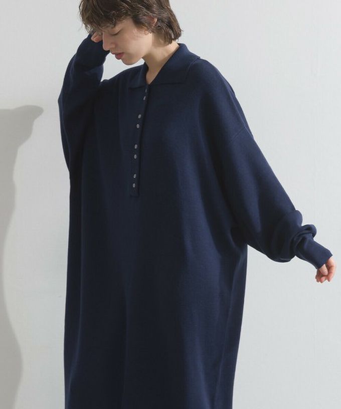 日本 Lupilien - 氣質排扣polo衫針織長袖洋裝-海軍藍