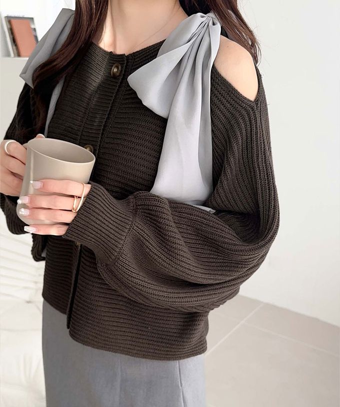 日本 Classical Elf - mily bilet 露肩甜美大蝴蝶結羅紋開襟衫-藕粉