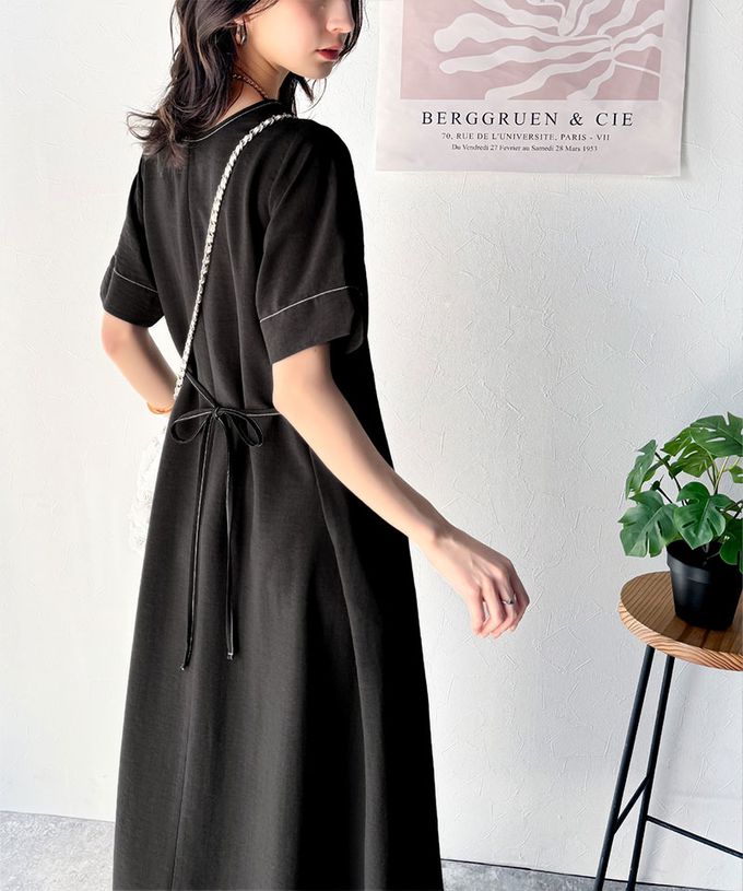 日本 Classical Elf - 鑰匙領綁帶休閒感縫線短袖洋裝-深藍