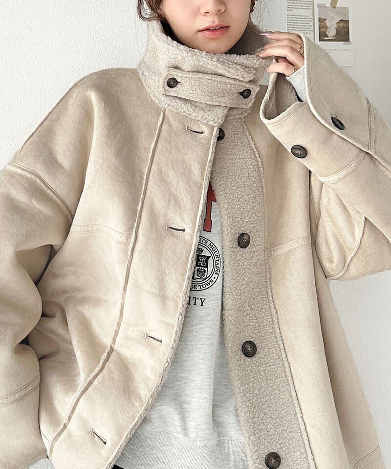 日本 Classical Elf - 麂皮絨毛雙面穿立領保暖外套-摩卡