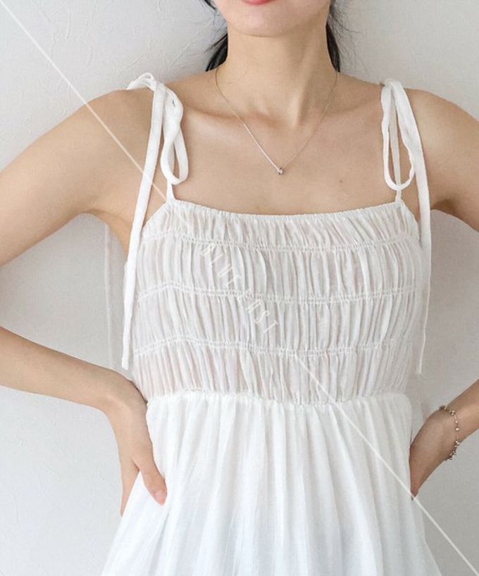 日本 BLUE EAST - 清爽透膚感皺摺綁帶分層洋裝-灰