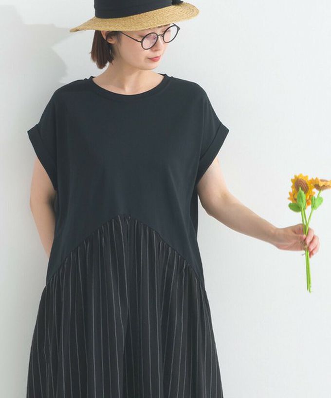 日本 Lupilien - [人氣款]亞麻混紡條紋拼接短袖洋裝-芥末黃