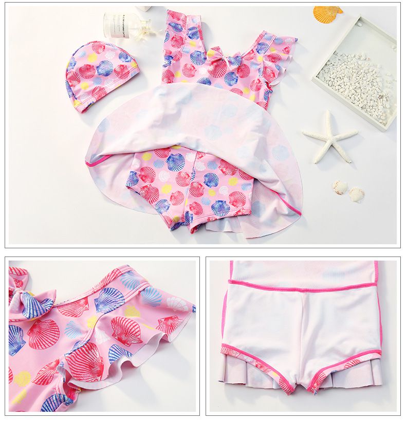 荷葉袖背心連身泳裝(不含泳帽)-滿版貝殼-粉色