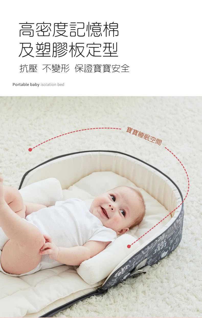 HANNIKD - 外出便攜式床中床(送睡墊+防翻身枕)-氣質灰