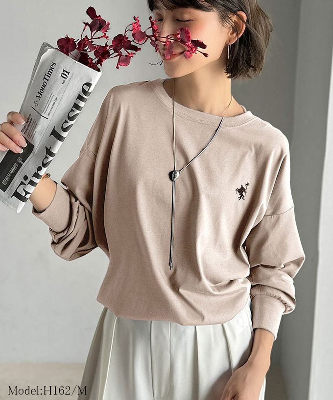 日本 Classical Elf - 休閒背扣logo刺繡寬版長袖上衣-炭灰