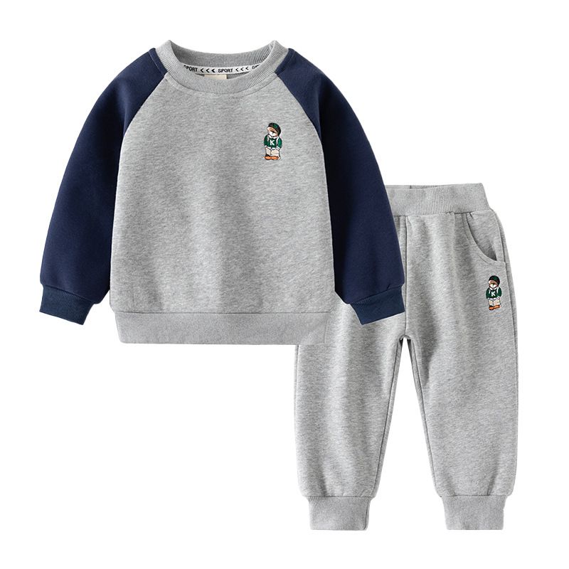 WELLKIDS - 加絨圓領長袖大學T套裝-帥氣熊熊-灰色