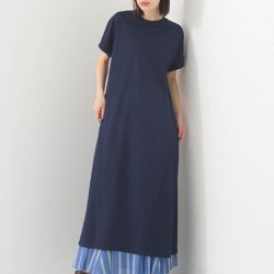 日本 OMNES - 接觸涼感 嫘縈圓領傘狀短袖洋裝-海軍藍