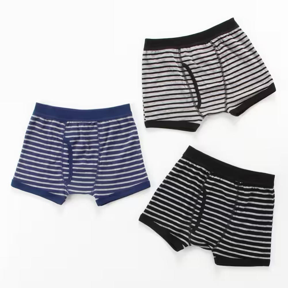 日本千趣會 - 純棉超值內褲三件組(四角褲)-條紋-深藍黑系