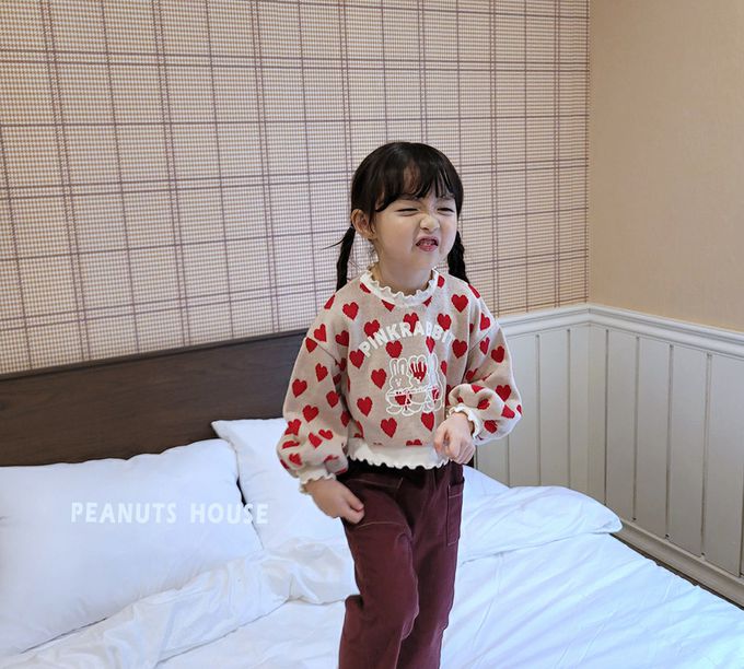 韓國 Peanuts House - 滿版愛心兔兔花領澎袖針織上衣-紅