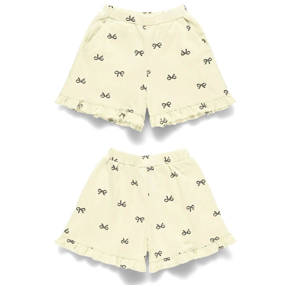 純棉荷葉邊女孩印花短褲-滿版蝴蝶結-象牙白