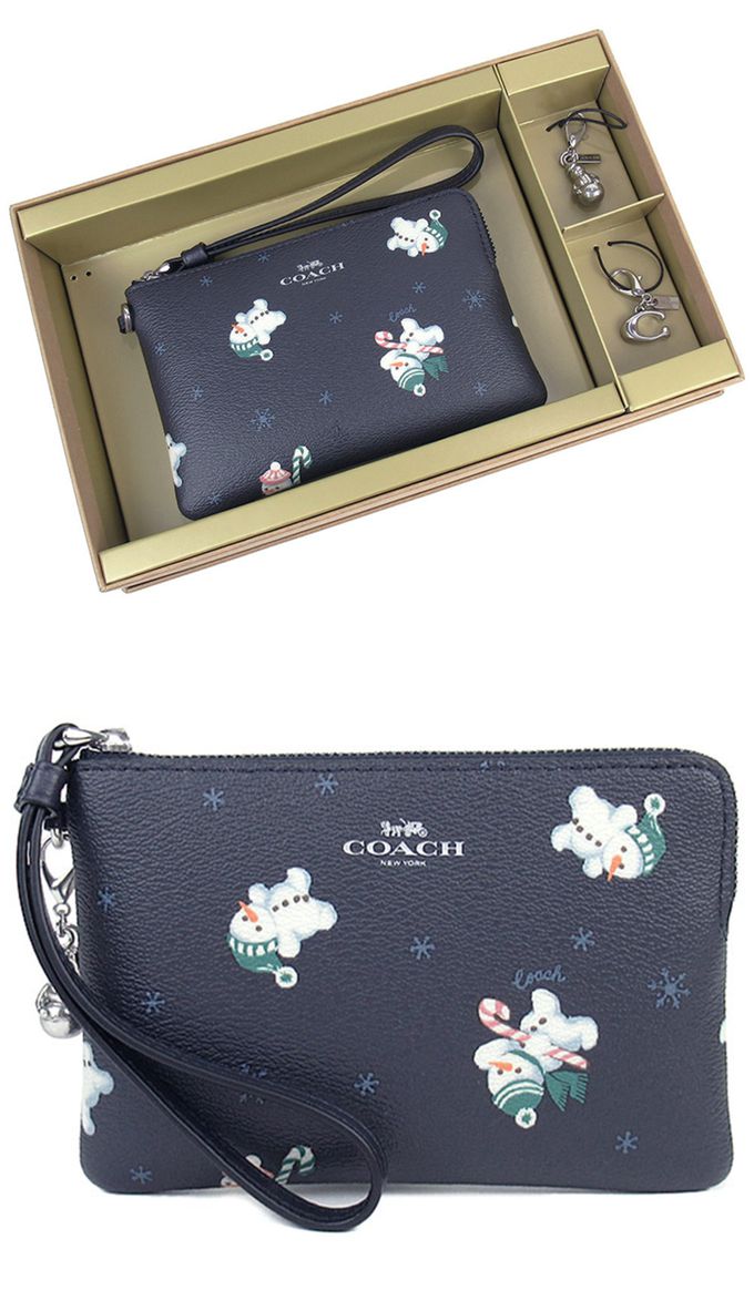 COACH - 印花皮革手拿包吊飾禮盒組 (深藍)