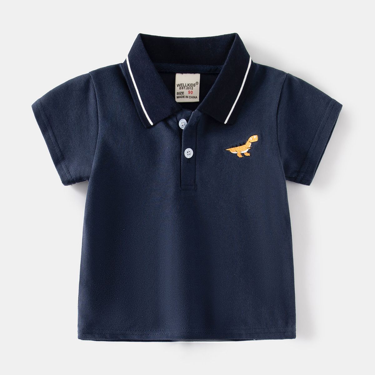 WELLKIDS - 純棉休閒翻領短袖襯衫-繽紛小暴龍-藍色