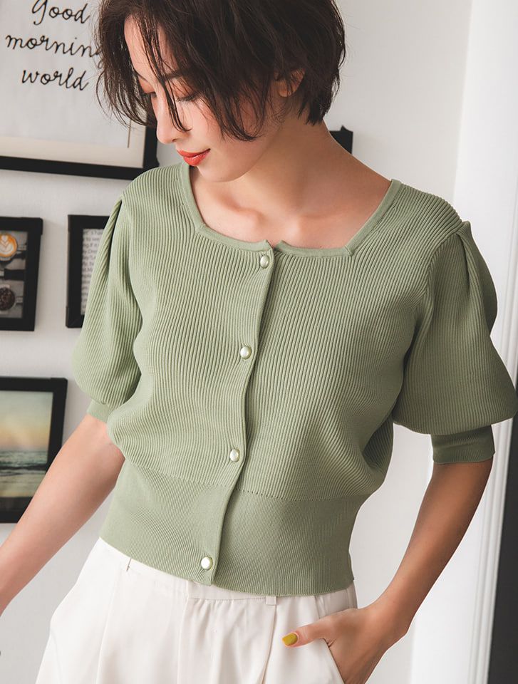 日本 fifth - 方形領顯瘦五分澎袖羅紋上衣-綠