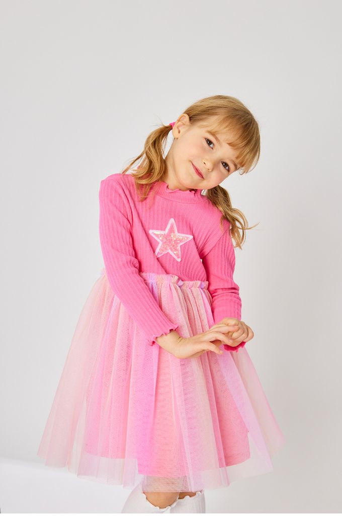 韓國 OZKIZ - 亮片星星點綴彩虹網紗洋裝-桃