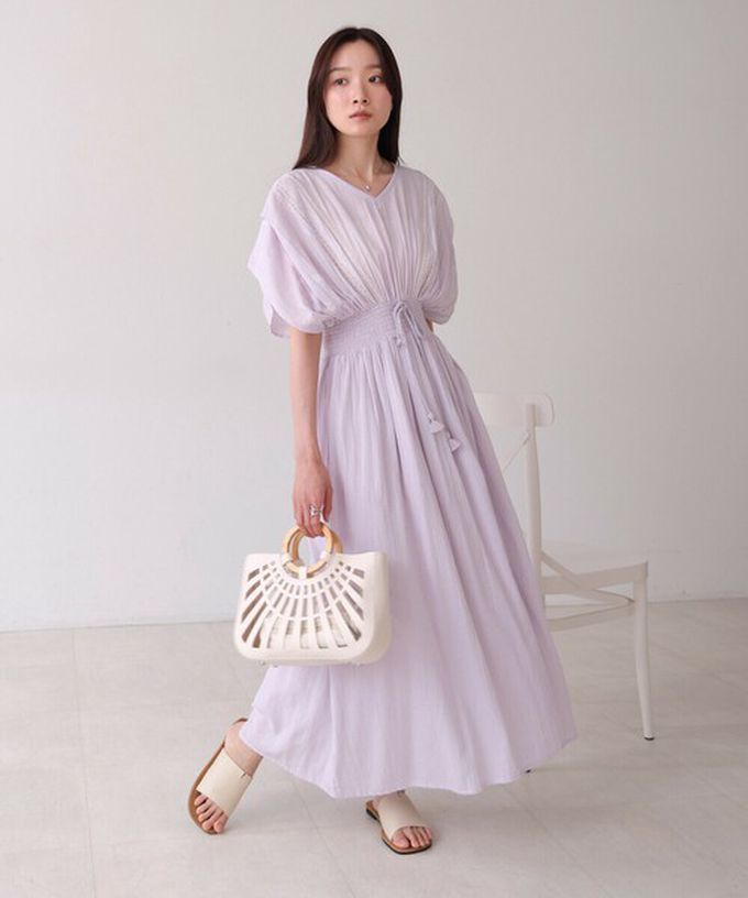 日本 Bab - 100%印度棉 素雅刺繡收腰短袖洋裝-黃