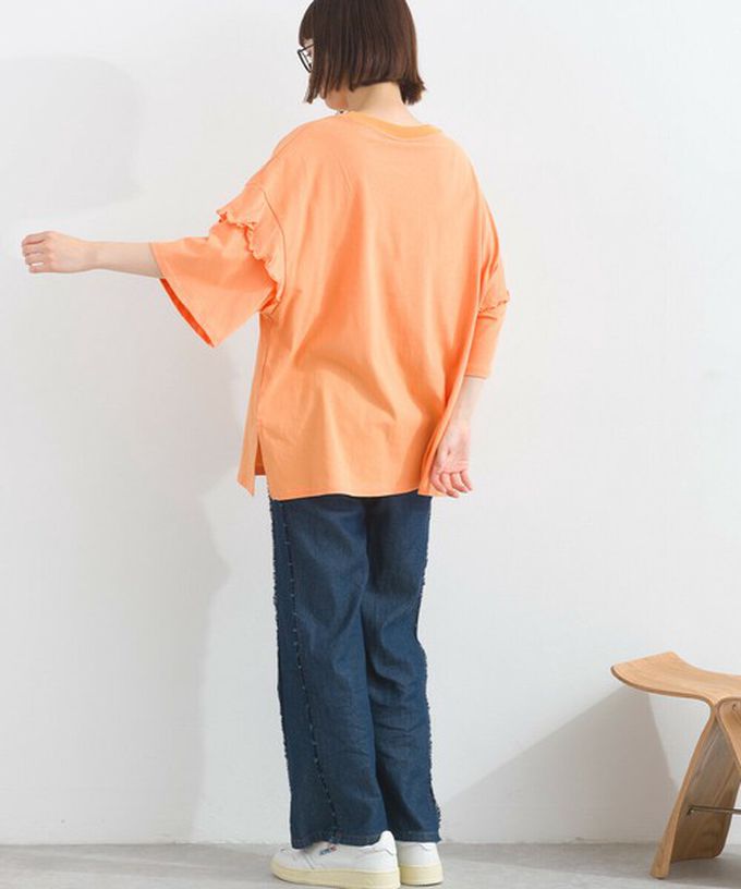 日本 Lupilien - 接觸冷感 學院風印花荷葉寬袖上衣-橘