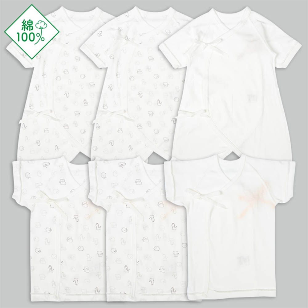 新生兒內衣6件組綁帶款短袖7分袖-動物-米白色 (50~60cm)