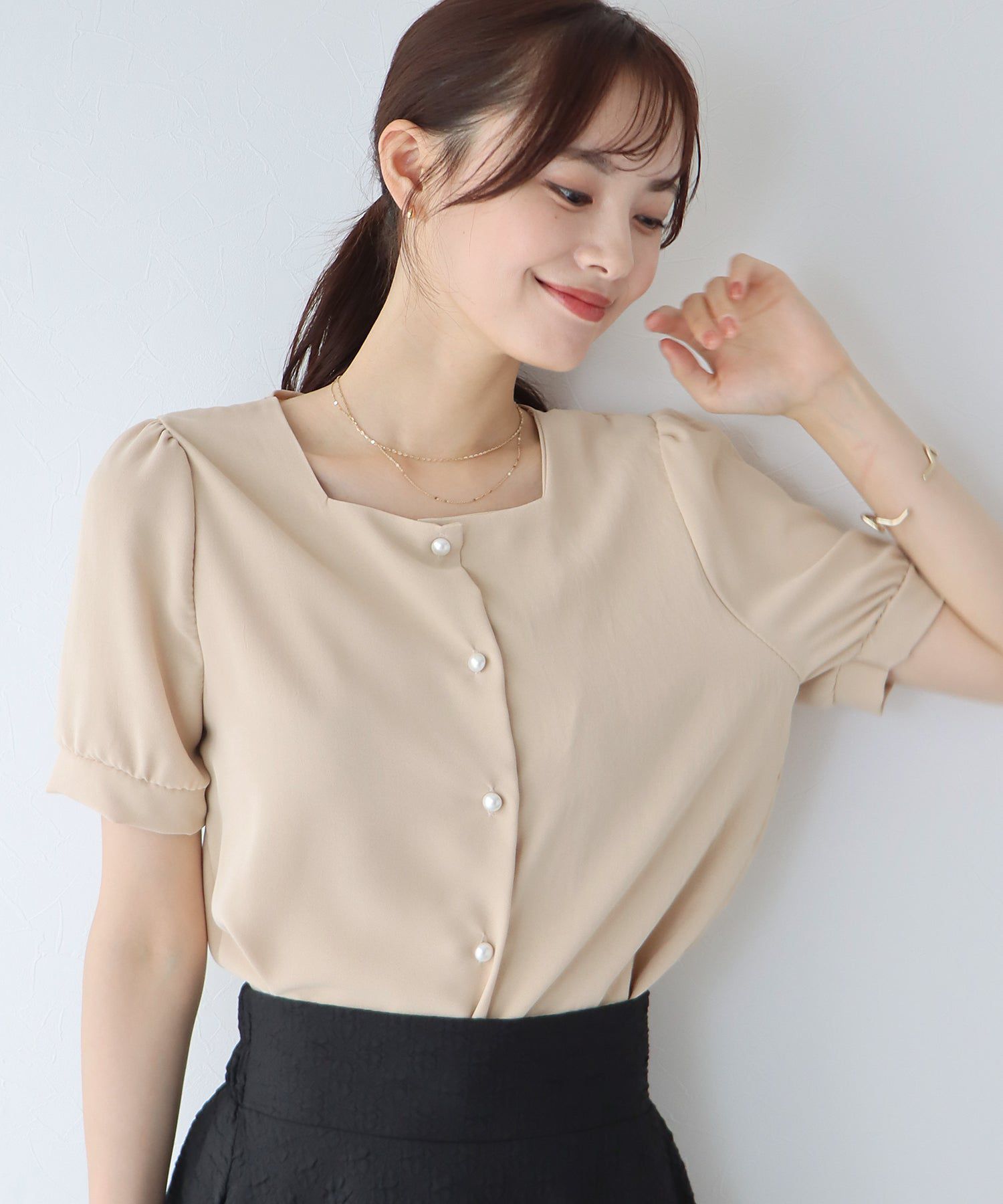 日本 BLUE EAST - 法式方領短袖珍珠釦襯衫-水藍