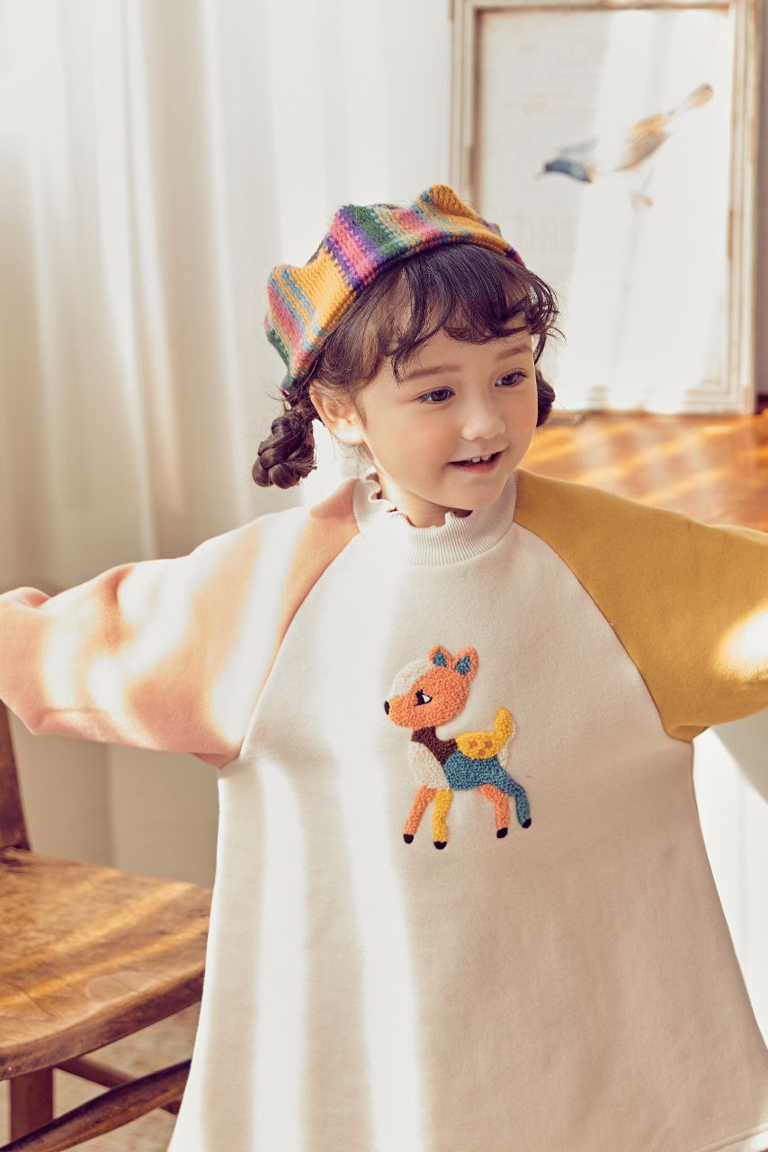 韓國 Mimico - (裏起毛)(附髮帶)立體小鹿拼接色泡泡袖洋裝