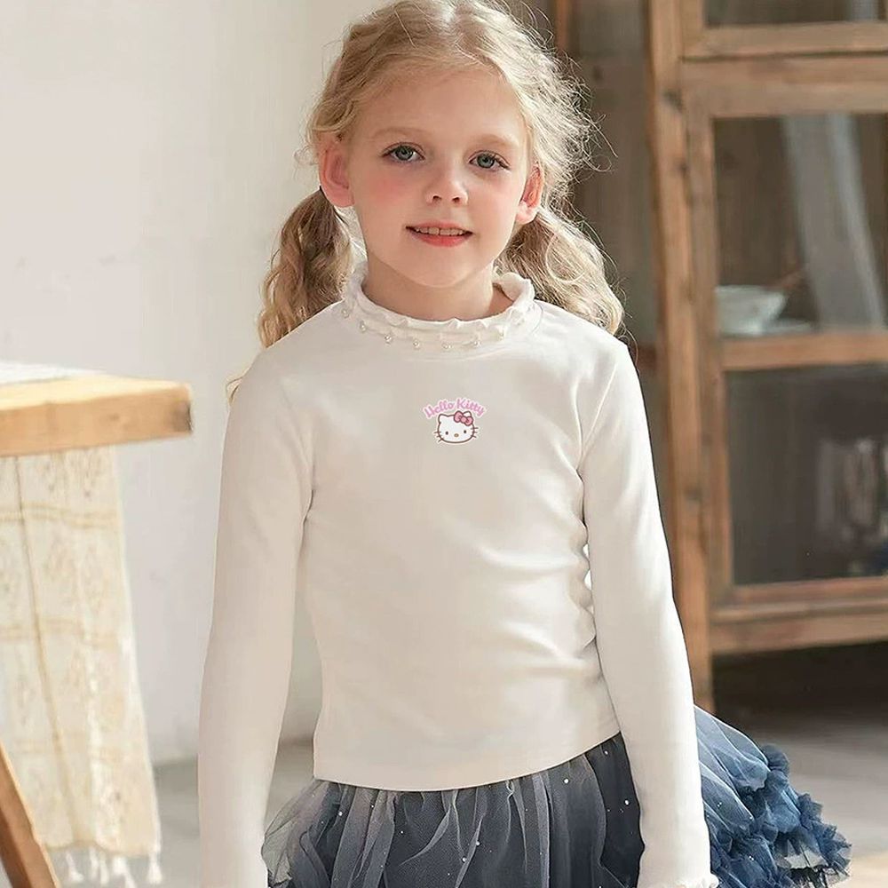 珍珠木耳邊半高領德絨長袖上衣-卡通人物Hello Kitty-米白