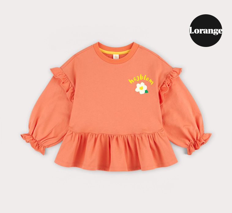 韓國 HEJMINI - 荷葉下擺小白花泡泡袖上衣-橘