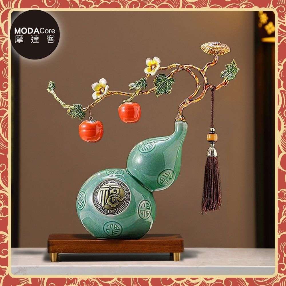 ◉開運招財◉精緻創意藝術綠色事事如意福祿葫蘆聚財設計陶瓷風水擺飾 辦公室事業 客廳玄關 春節禮品工藝