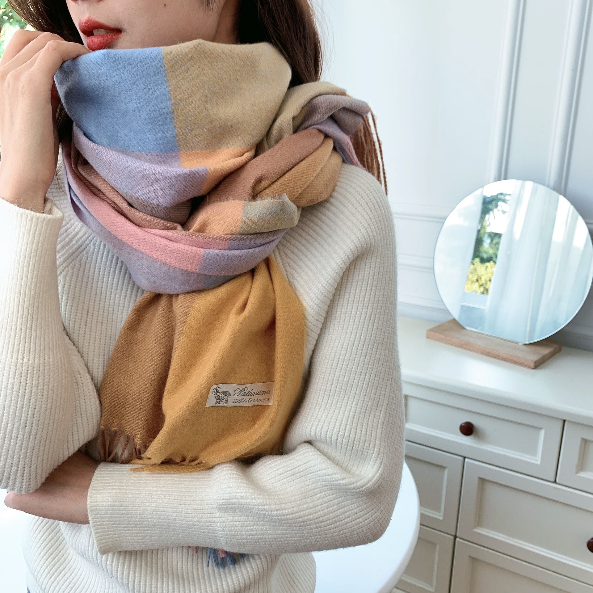 韓系仿羊絨大格子暖暖圍巾-粉+深酒紅 (200x70cm)