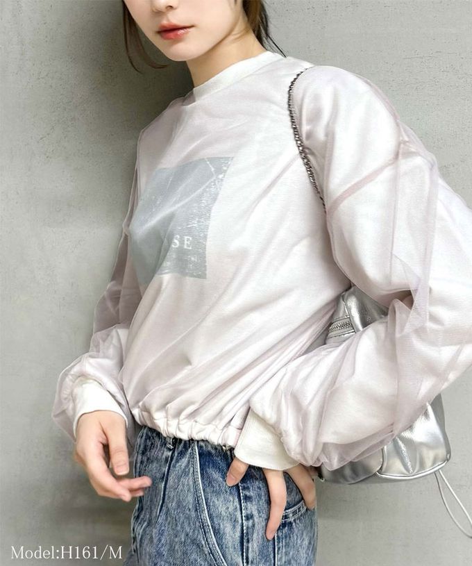 日本 Classical Elf - mily bilet 燙銀印花薄紗分層長袖上衣-時尚黑