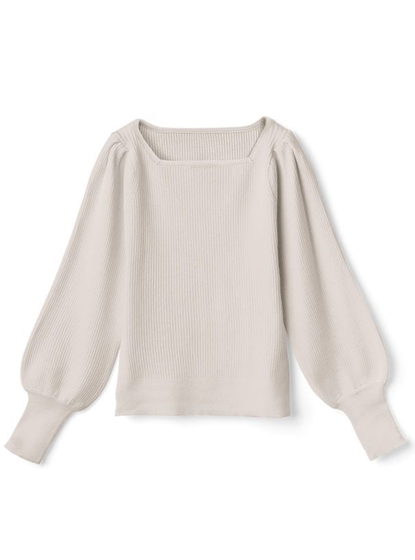 日本 GRL - 方領直羅紋氣球袖針織上衣-玫瑰粉