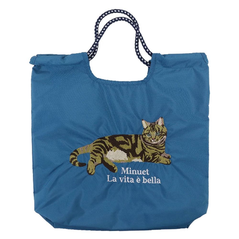 萌趣動物刺繡編繩肩背/手提包-貓咪-土耳其藍 (H32×W37×D7)