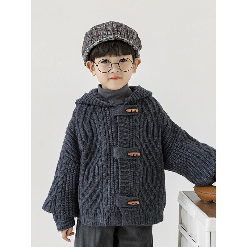 TONGMO - 復古木釦麻花編織連帽毛衣外套-黃綠色