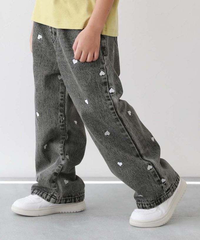 日本 devirock - 甜美亮麗刺繡刷色丹寧寬褲-愛心-淺藍