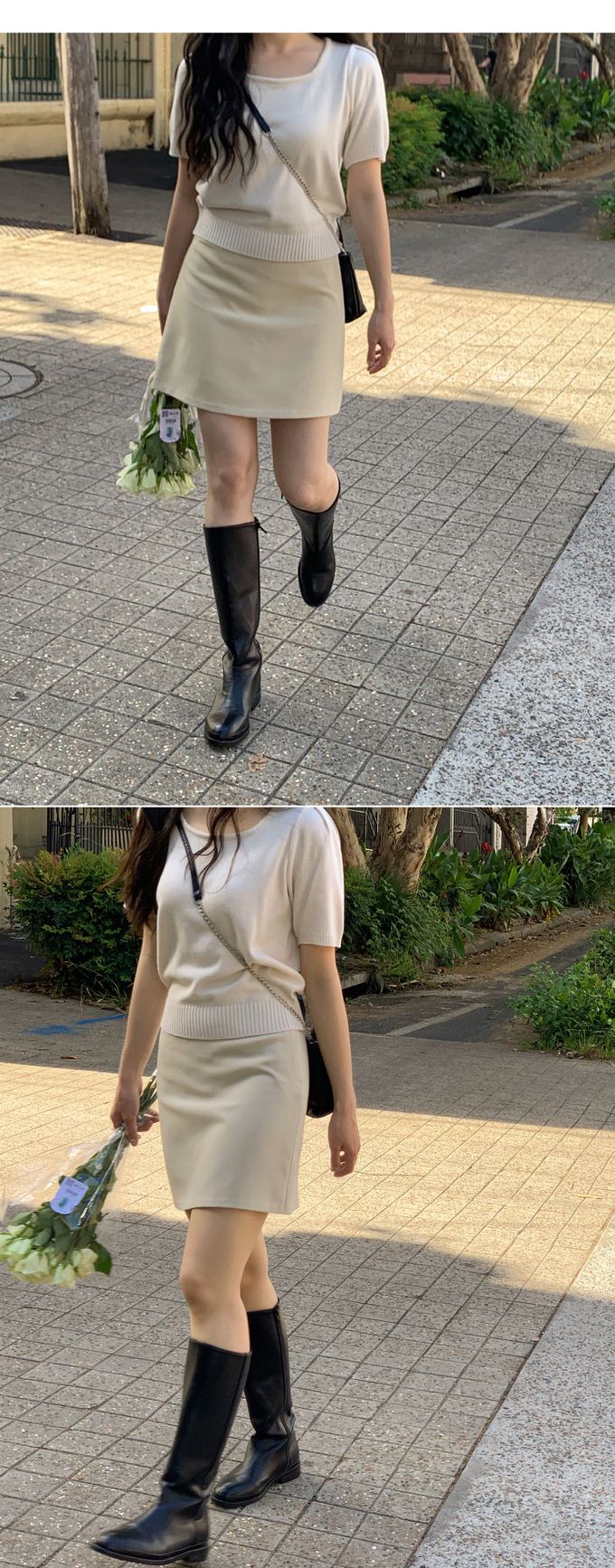 韓國 98doci - 氣質方領針織短袖上衣-奶白