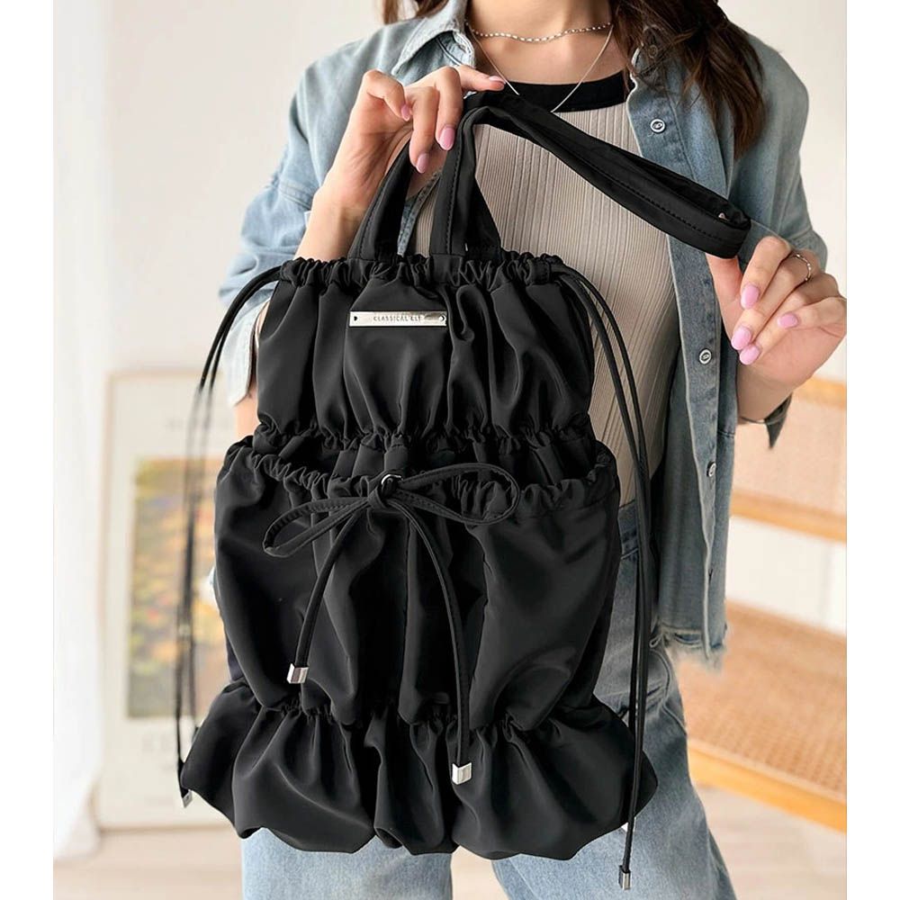 休閒感皺摺蝴蝶結肩背包(可收A4)-黑